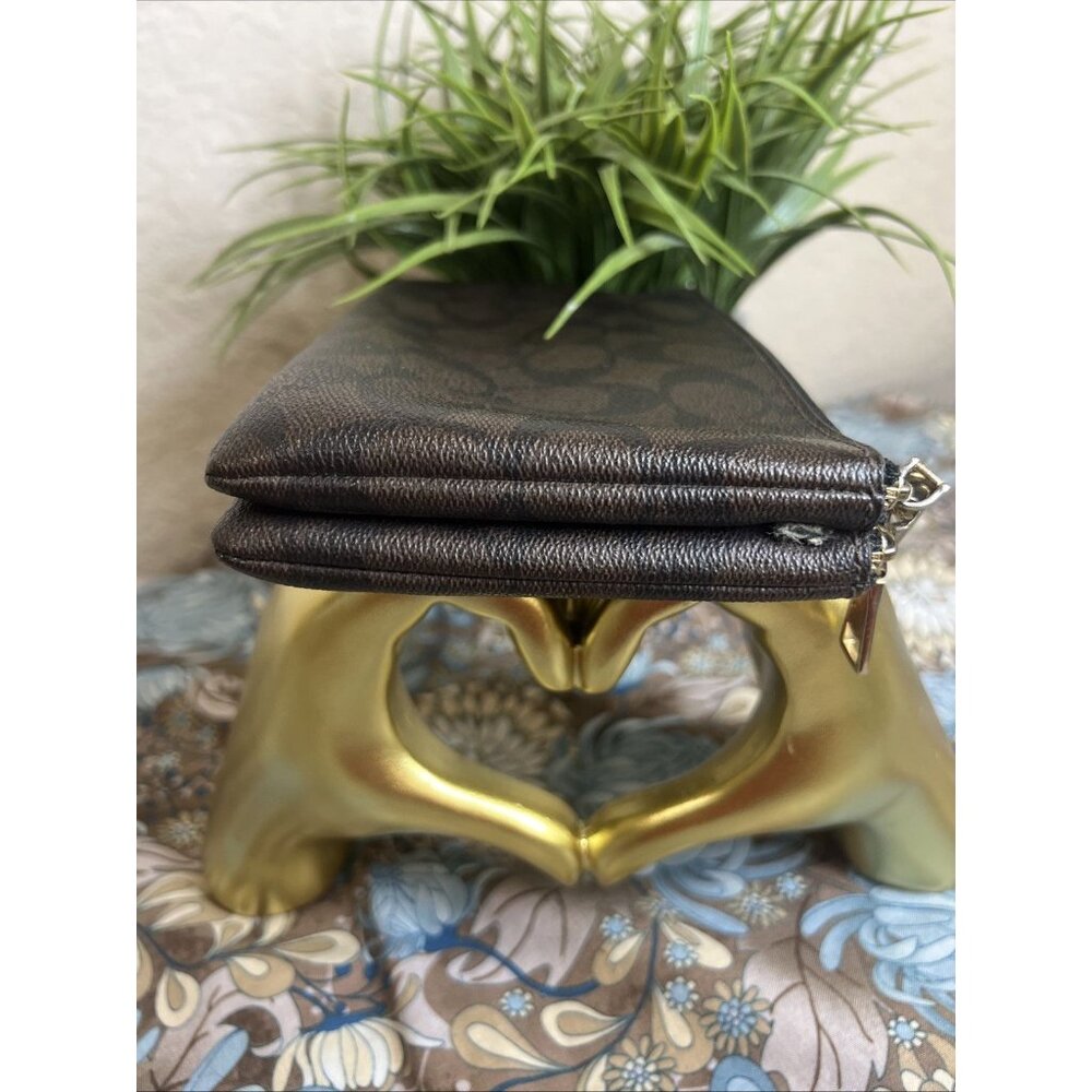COACH Double Corner Zip Around Wallet Pouch Brown Black Signature Coated Canvas - Picture 4 of 9